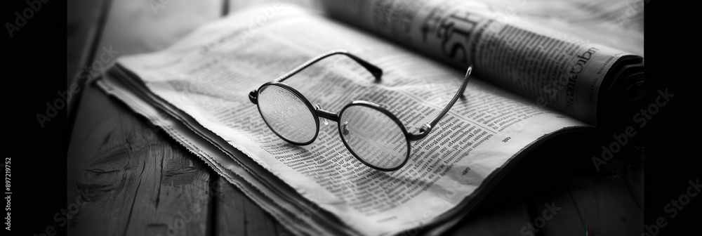 Poster black and white photograph of round eyeglasses resting on a book with a minimalist background. gener