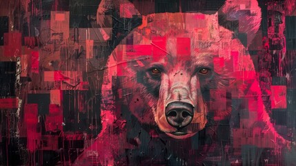 Obraz premium Abstract watercolor painting or sketch of a bear in pink and red