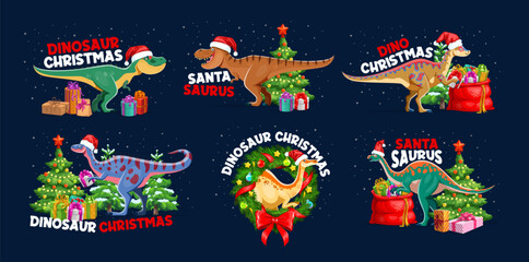 Christmas dinosaur greetings. Vector set of cartoon dino celebrating xmas holiday. Dinosaur animals wear santa hats and surrounded by decorated trees, presents and decorations with festive messages