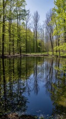 Obraz premium Serene pond reflecting lush trees