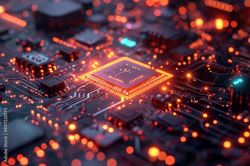 Poster a detailed view of the inner workings of a computer circuit board showing intricate patterns and con