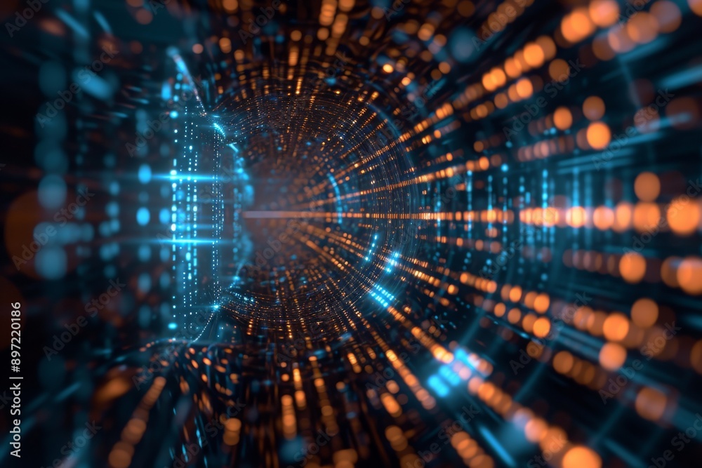 Poster An abstract background featuring circles in shades of blue and yellow, Futuristic, minimalistic depiction of quantum computing, AI Generated
