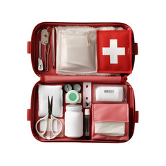a first aid kit with a cross and scissors