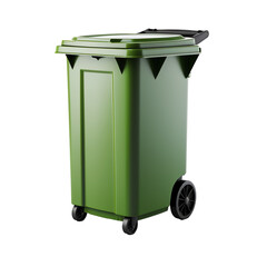 a green trash can with wheels