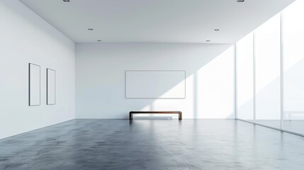 bright interior room, gallery with lamps, spots and a wooden bench