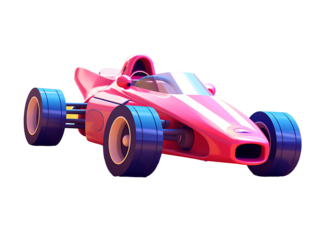a pink race car with blue wheels