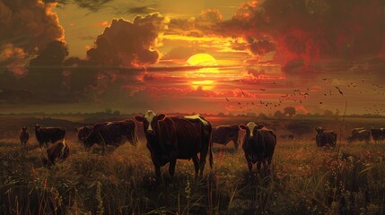Naklejka premium Cows in sunset