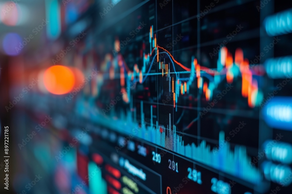 Poster a computer screen displays a live stock chart with fluctuating values and trading patterns, gauge ch