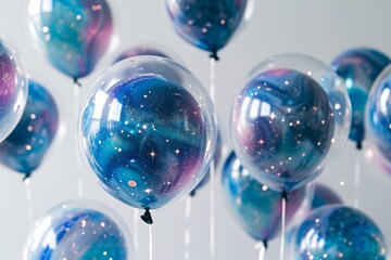 A vibrant collection of blue and purple balloons gently floating in mid-air, Galaxy patterned balloons for a space-lover's birthday, AI Generated