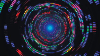 Bright colorful spiral. Colorful dotted spiral swirl circles. Green, yellow, blue, light blue and pink swirl pattern of round shaped dots. Glowing tunnel background, space landscape. Mosaic grunge par