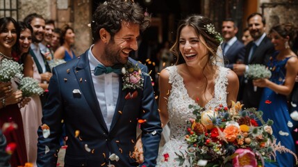 Happy bride and groom exiting their wedding ceremony, surrounded by cheering guests and flying flower petals.