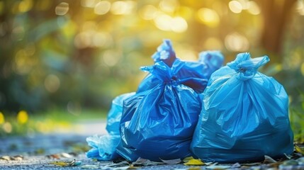 Blue garbage bags neatly placed on a sidewalk, with sunlight filtering through trees in the background.