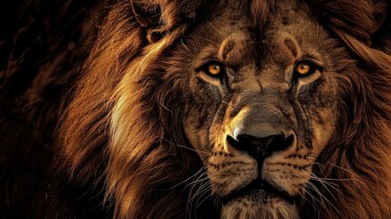 Naklejka premium Close-up of a majestic lion with a golden mane staring intensely forward.