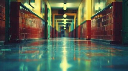 Fototapeta premium A long, empty school hallway with red tiles and fluorescent lighting, evoking nostalgia and quietness of school moments.