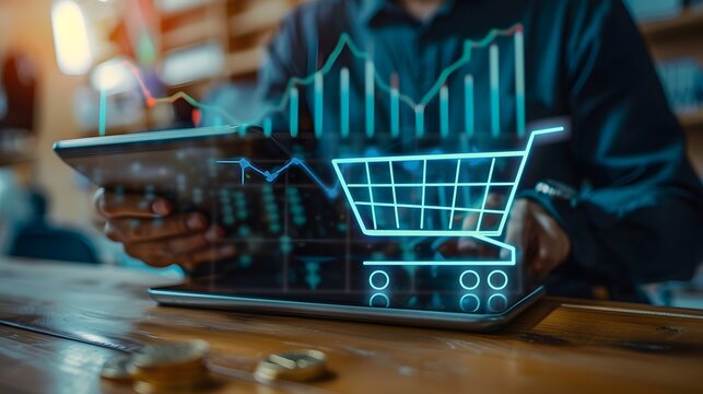 Increasing trend graph of sale volume with bigger shopping trolley cart on coins stacking for online sale business and ecommerce growth concept.