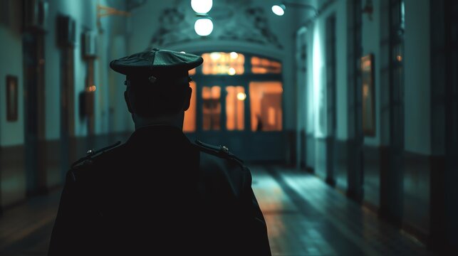 Night watchman in a museum, quiet and vigilant, protecting cultural heritage, nighttime security