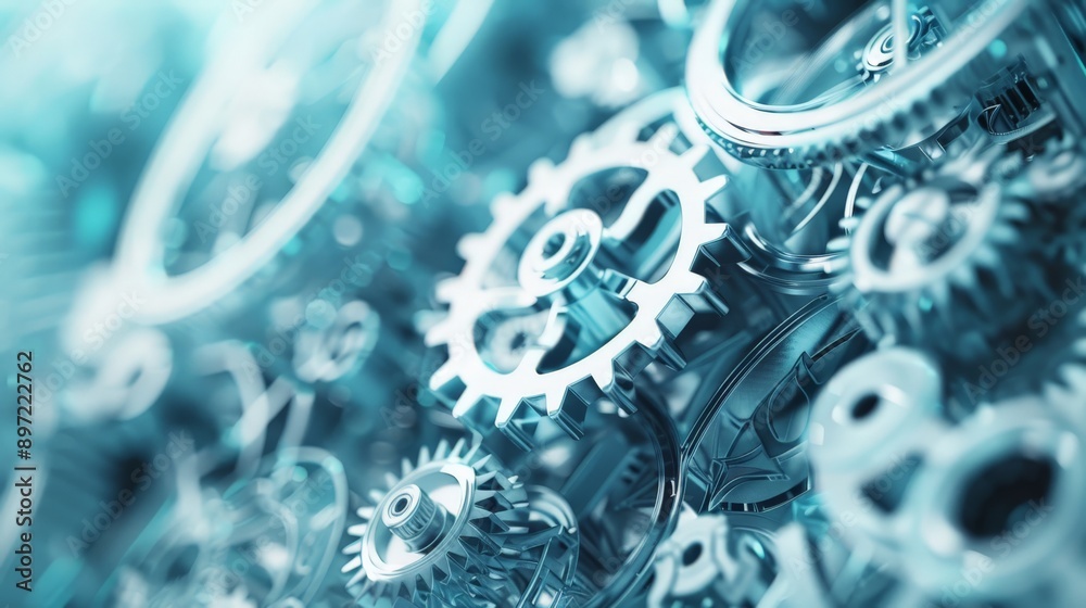 Poster close-up of interconnected silver gears in motion. symbolizing mechanical engineering and industrial