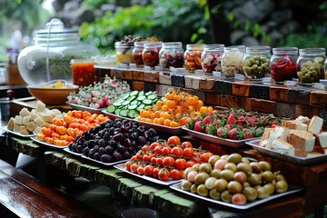 Obraz premium A vibrant market stall displaying a variety of fresh produce, including colorful tomatoes, strawberries, cucumbers, and various types of olives. 