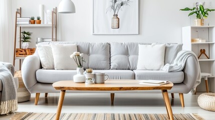 Obraz premium A cozy living room features a light grey sofa with white throw pillows, a natural wood coffee table, and a throw blanket. The room is decorated with a few houseplants, a small shelf, and artwork