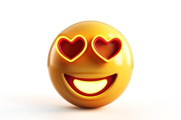 Fototapeta premium emoji icon of a face with hearts for eyes showing love and affection in bright yellow set against a white background The rendering is highly realistic