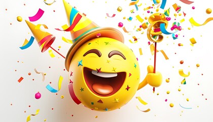 emoji icon of a face with a party blower and hat celebrating with confetti rendered in bright yellow set against a white background