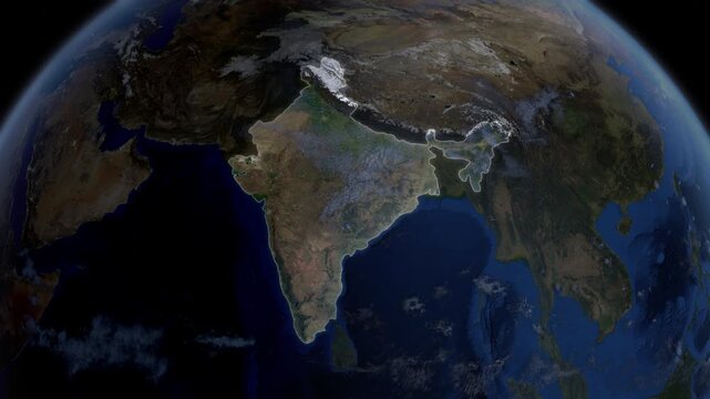 Map showing India, Asia, from space to see the region from above from space. Detailed map Showing area, HD and 4K. Animation.