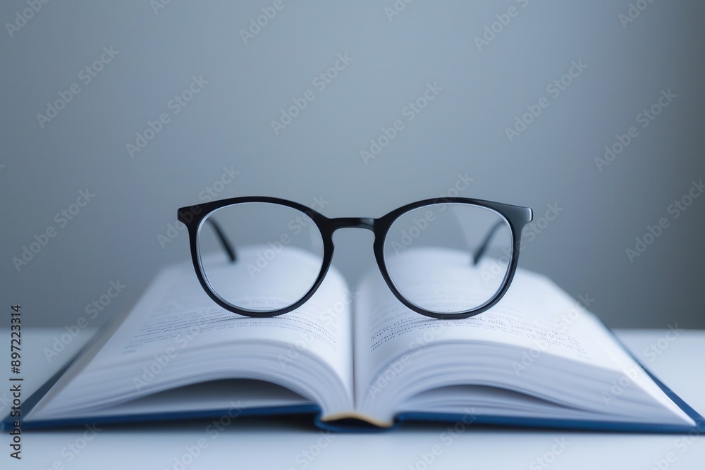 Fototapete Black framed eyeglasses rest on an open book with a white minimalist background. Generative AI