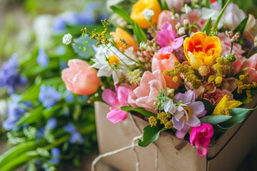 A colorful arrangement of various flowers placed neatly in a box, creating a vibrant display, Gift box bursting with spring flowers, AI Generated