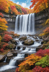  Majestic waterfall surrounded by colorful autumn foliage in peak season. 