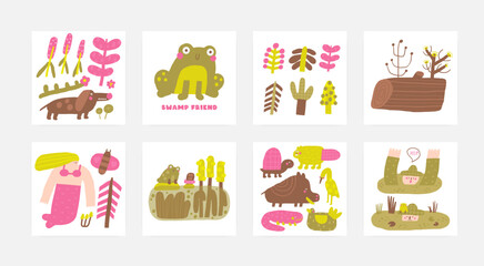 Cute morass, bog nature compositions, postcards set with funny hand drawn doodle mermaid, frog, toad, plants, beaver, animals. Wild pond, swamp nature t shirt print, cover, template