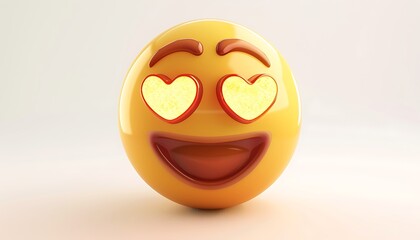 Fototapeta premium emoji icon of a face with heart-shaped eyes showing love and affection in bright yellow set against a white background The rendering is highly realistic