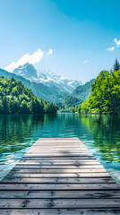 Tranquil Lake with Reflective Waters, Surrounded by Dense Forests and Snow-capped Mountains Under a Clear Sky