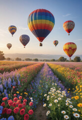 Fototapeta premium Colorful display of hot air balloons floating over wildflowers at sunrise (summer). 
