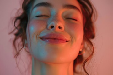 Close-up portrait of a young woman smiling with eyes closed, illuminated by colorful lights.