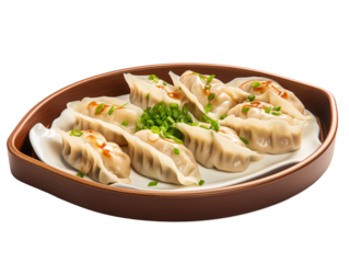 a plate of dumplings with green onions