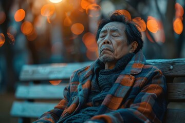 Obraz premium Parent with throbbing headache, straining under pressure, yearning for peace, sitting on park bench, sunset, melancholic atmosphere