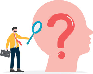 Exploration and discovery, research and analysis to solve problems, businessman holding a magnifying glass to observe the question mark on the brain

