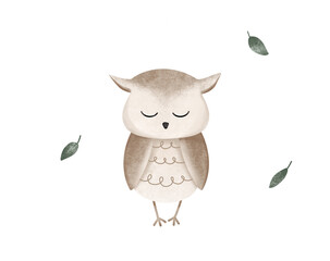 Cartoon animal for kids design . Hand drawn illustration of cute owl and green leaf on isolated background. Minimalist scandinavian style. Wild forest bird with close eyes.