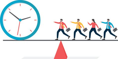 Out of balance, a group of businessmen on the balanced lever all run to the side of clock,


