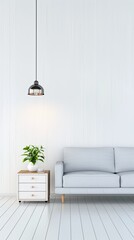 A cozy living room features a light grey sofa with white throw pillows, a natural wood coffee table, and a throw blanket. The room is decorated with a few houseplants, a small shelf, and artwork.