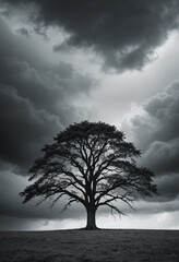  Stark black and white image of a lone tree silhouetted against a stormy sky. 