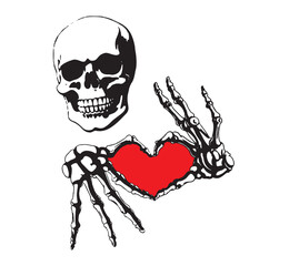 Skeleton doing red Heart shap with hands smiling Tattoo White on Black Style Gym Logo Vector for T-shirts and Wall Decor Workout Athletic Muscle Fitness Beast Barbell Bodybuilding Healthy Wall Sticker