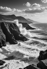  High-contrast black and white image of a rugged coastline with crashing waves. 