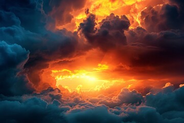 A photo capturing the sunlight breaking through the cloud cover in the sky, Glowing sunset peeking through storm clouds, AI Generated