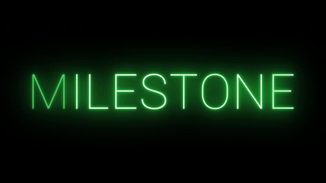 Flickering neon green milestone sign animated black background.