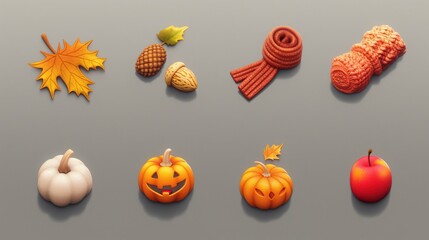 Autumn icon set with pumpkins, leaves, acorns, and cozy accessories in a realistic style on a neutral background