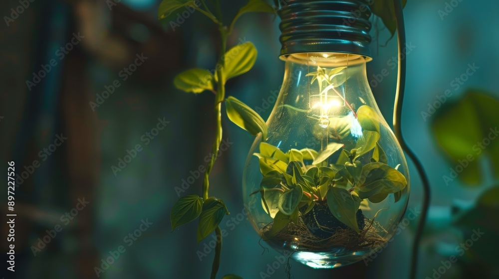 Sticker A glowing light bulb with plants inside, creating a fusion of technology and nature in vibrant green scenery.