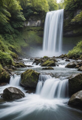  Blurred motion photo of a waterfall, capturing the power and movement of the water. 