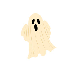 Funny ghost in flat style. Halloween decor for cards, poster, background, invitation. Spooky spirit flying at holiday night and playfully frighten.