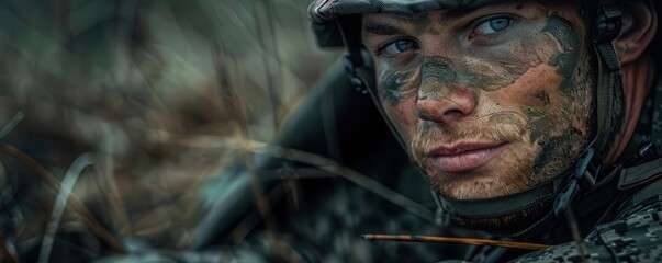 Soldier with arm injury, isolated in field tent, overcast sky, low angle, gritty realism, wartime crisis